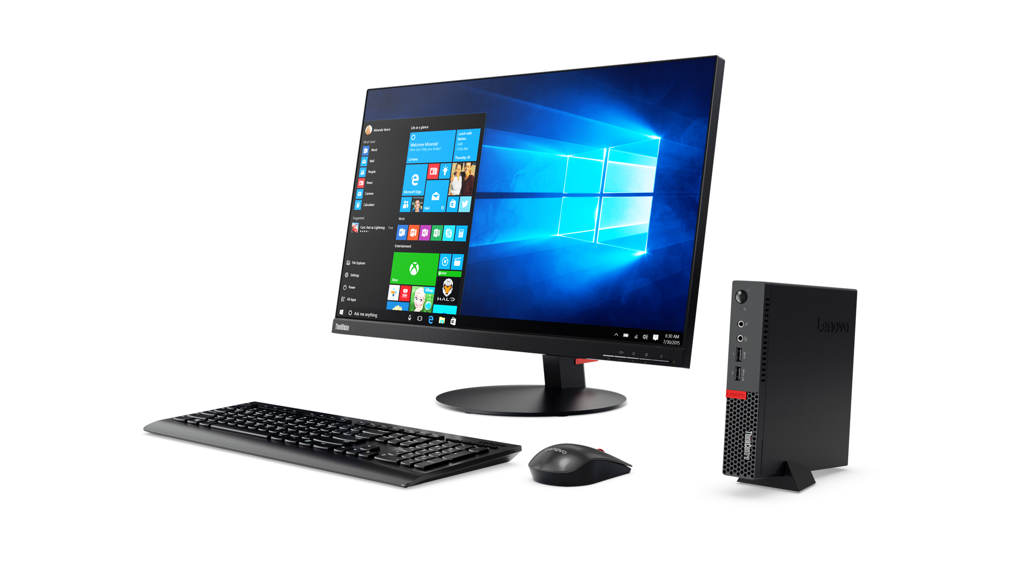 01_ThinkCentre_Tiny_M910_M710_with P27H monitor_Hero_Shot_Front_facing_left_Win_10_screen-fill