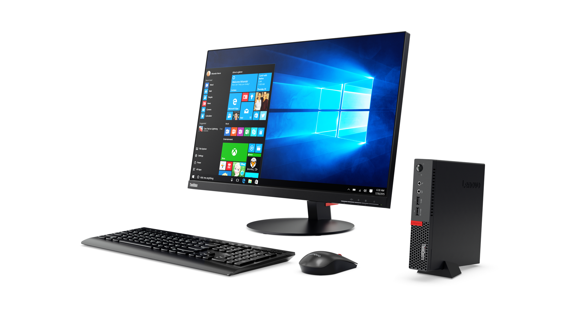 01_ThinkCentre_Tiny_M910_M710_with P27H monitor_Hero_Shot_Front_facing_left_Win_10_screen-fill